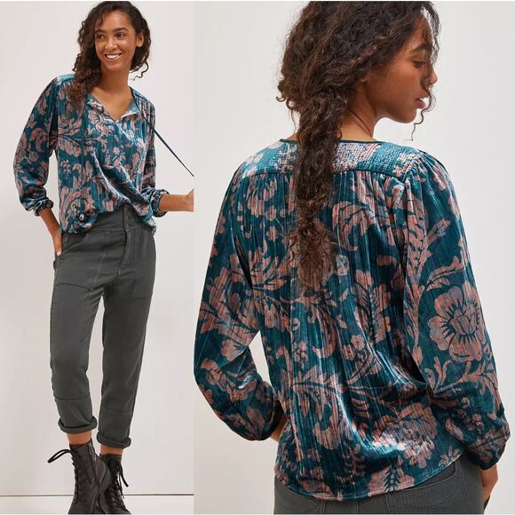 Anthropologie Faustine Velvet Peasant Top Womens Size Small Floral Oversized - Picture 7 of 12